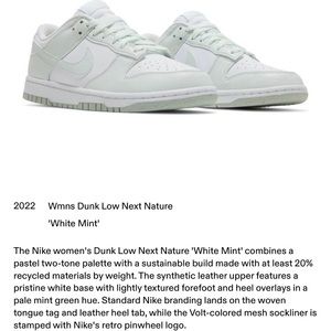 Woman’s size 8 Nike low dunks. Color “white mint”